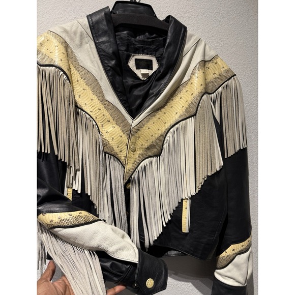 Vintage Unisex Leather Fringe Western Jacket Snakeskin Rodeo Mexico Cowboy - Picture 4 of 10
